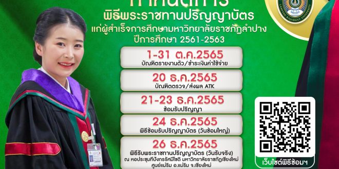 มหาวิทยาลัยราชภัฏลำปาง แจ้งกำหนดการพิธีพระราชทานปริญญาบัตร แก่บัณฑิต มหาบัณฑิตและดุษฎีบัณฑิต ของมหาวิทยาลัยราชภัฏลำปาง