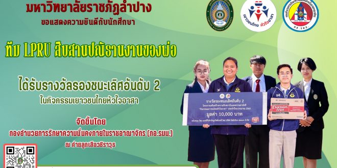 ขอแสดงความยินดีกับ นักศึกษานักศึกษาทีม LPRU สืบสานปณิธานงานของพ่อ คว้ารางวัลรองชนะเลิศอันดับ 2 กิจกรรม เยาวชนไทยหัวใจอาสา