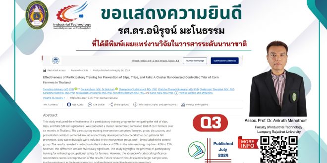 ขอแสดงความยินดี รศ.ดร.อนิรุจน์ มะโนธรรม ที่ได้ตีพิมพ์เผยแพร่งานวิจัยในวารสารระดับนานาชาติ