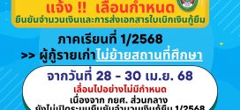 งานกองทุนเงินให้กู้ยืมเพื่อการศึกษา กยศ. แจ้งเลื่อนกำหนดการยืนยันจำนวนเงินและส่งเอกสารใบเบิกเงินกู้ยืม ภาคเรียนที่ 1/2568 สำหรับผู้กู้ยืมเงินรายเก่าไม่ย้ายสถานศึกษา อย่างไม่มีกำหนด