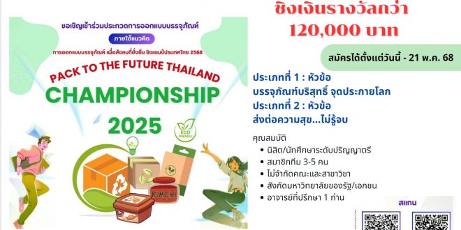 เชิญชวนนิสิตนักศึกษาทั่วประเทศ ร่วมส่งผลงานออกแบบบรรจุภัณฑ์ PACK TO THE FUTURE THAILAND CHAMPIONSHIP 2025 ชิงแชมป์ประเทศไทย 2568 พร้อมถ้วยพระราชทานฯ