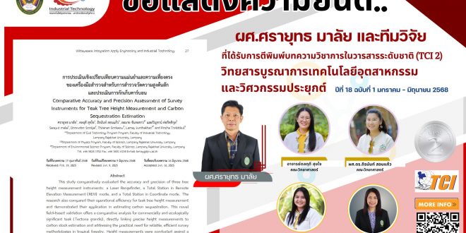 ขอแสดงความยินดี ผศ.ศรายุทธ มาลัย และทีมวิจัย ที่ได้รับการตีพิมพ์บทความวิชาการในวารสารระดับชาติ (TCI 2) วิทยสารบูรณาการเทคโนโลยีอุตสาหกรรมและวิศวกรรมประยุกต์ ปีที่ 18 ฉบับที่ 1 มกราคม – มิถุนายน 2568