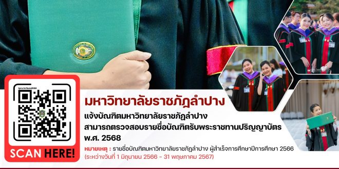มหาวิทยาลัยราชภัฏลำปาง แจ้งบัณฑิตมหาวิทยาลัยราชภัฏลำปาง สามารถตรวจสอบรายชื่อบัณฑิตรับพระราชทานปริญญาบัตร พ.ศ. 2568