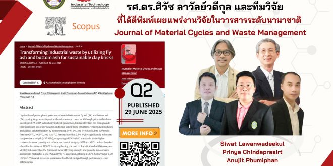ขอแสดงความยินดี รศ.ดร.ศิวัช ลาวัลย์วดีกุล และทีมวิจัย ที่ได้ตีพิมพ์เผยแพร่งานวิจัยในวารสารระดับนานาชาติ Journal of Material Cycles and Waste Management