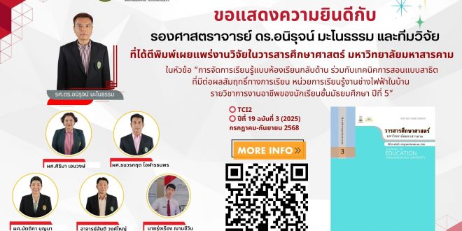คณะเทคโนโลยีอุตสาหกรรม มหาวิทยาลัยราชภัฏลำปาง ขอแสดงความยินดีกับ รองศาสตราจารย์ ดร.อนิรุจน์ มะโนธรรม และทีมวิจัย ที่ได้ตีพิมพ์เผยแพร่งานวิจัยในวารสารศึกษาศาสตร์ มหาวิทยาลัยมหาสารคาม