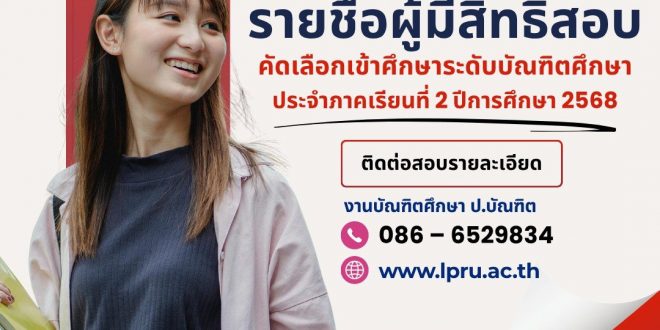มหาวิทยาลัยราชภัฏลำปาง ประกาศรายชื่อผู้มีสิทธิ์สอบคัดเลือกเข้าศึกษา ระดับบัณฑิตศึกษาประจำภาคเรียนที่ 2 ปีการศึกษา 2568